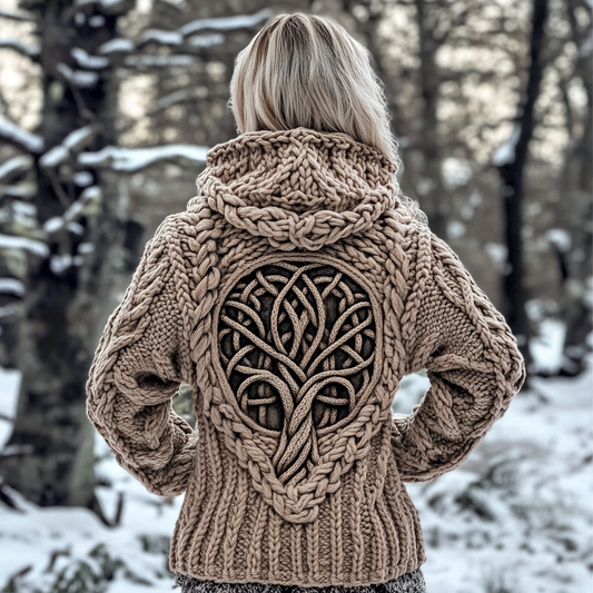 Women's Viking Tribal Runes Life Of Tree Chunky Knit Cozy Hooded Sweater elevenforest