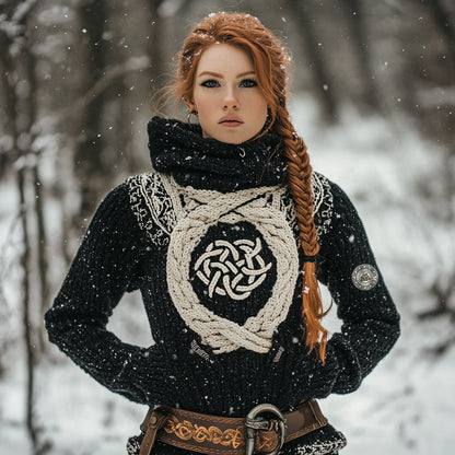 Women's Viking Tribal Jacquard Celtic Inspired Chunky Knit Hooded Sweater elevenforest