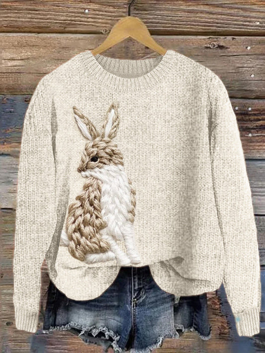 Lively Hare Embroidery Pattern Cozy Knit Sweater artswardrobe