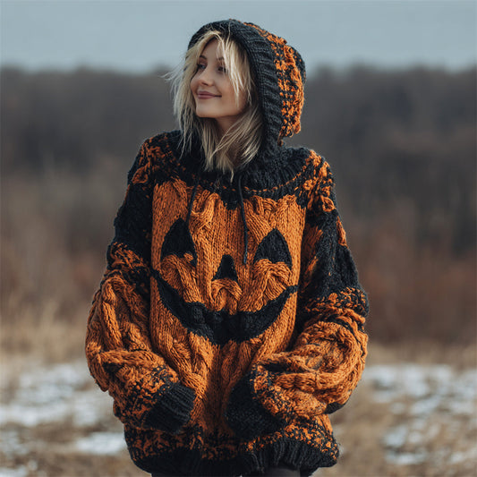 Halloween Spooky Pumpkin Women's Chunky Knit Hooded Sweater elevenforest