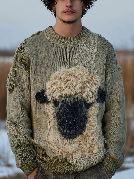 Men's Fuzzy Blacknose Sheep  Embroidered Cozy Knit Sweater elevenforest