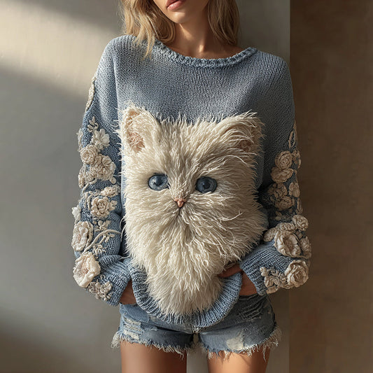 Comstylish Women's Cute Cat With Floral Art Knitted Warm Sweater