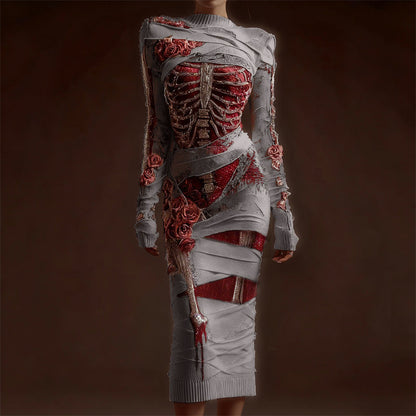 Comstylish Classy Skeleton Anatomy Bloody Roses Bandages Maxi Sweater Dress