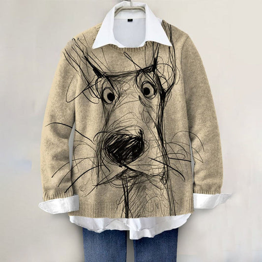 Comstylish Cute Dog Hand Painted Art Print Knit Pullover Sweater