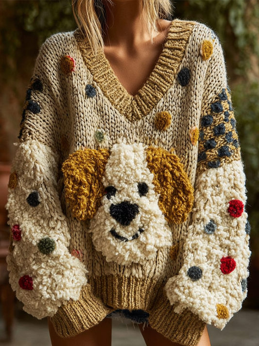 Lady Retro Cute Dog Plush Comfortable Knitted Sweater. elevenforest