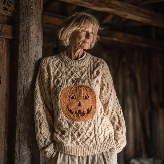 Vintage Halloween Pumpkin Embroidered Chunky Sweater artswardrobe