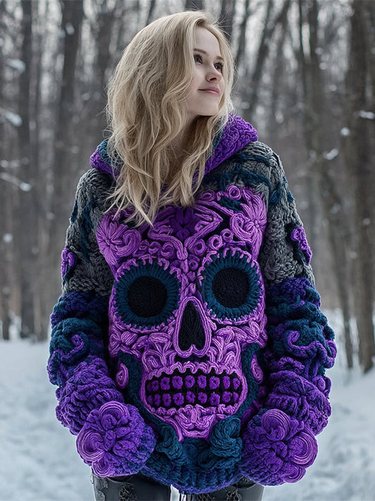Quirky Skull Pattern Women's Chunky Knit Hooded Sweater elevenforest