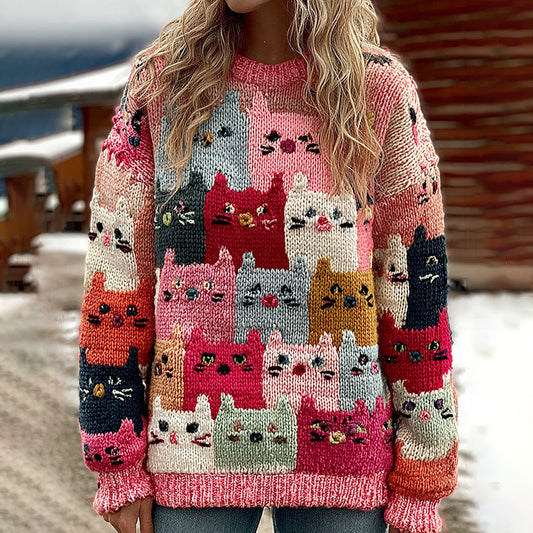Colorful Winter Cats Pattern Art Cozy  Knit Sweater elevenforest
