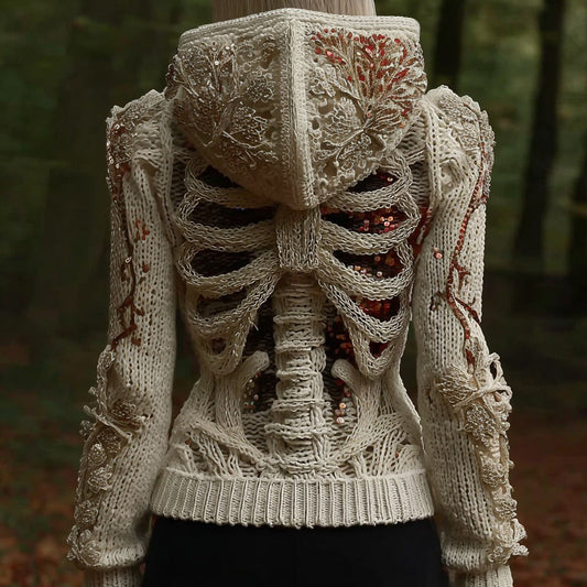 Comstylish Vintage Skeleton Plant Veins Inspired Sequins Art Cozy Zipper Hooded Sweater