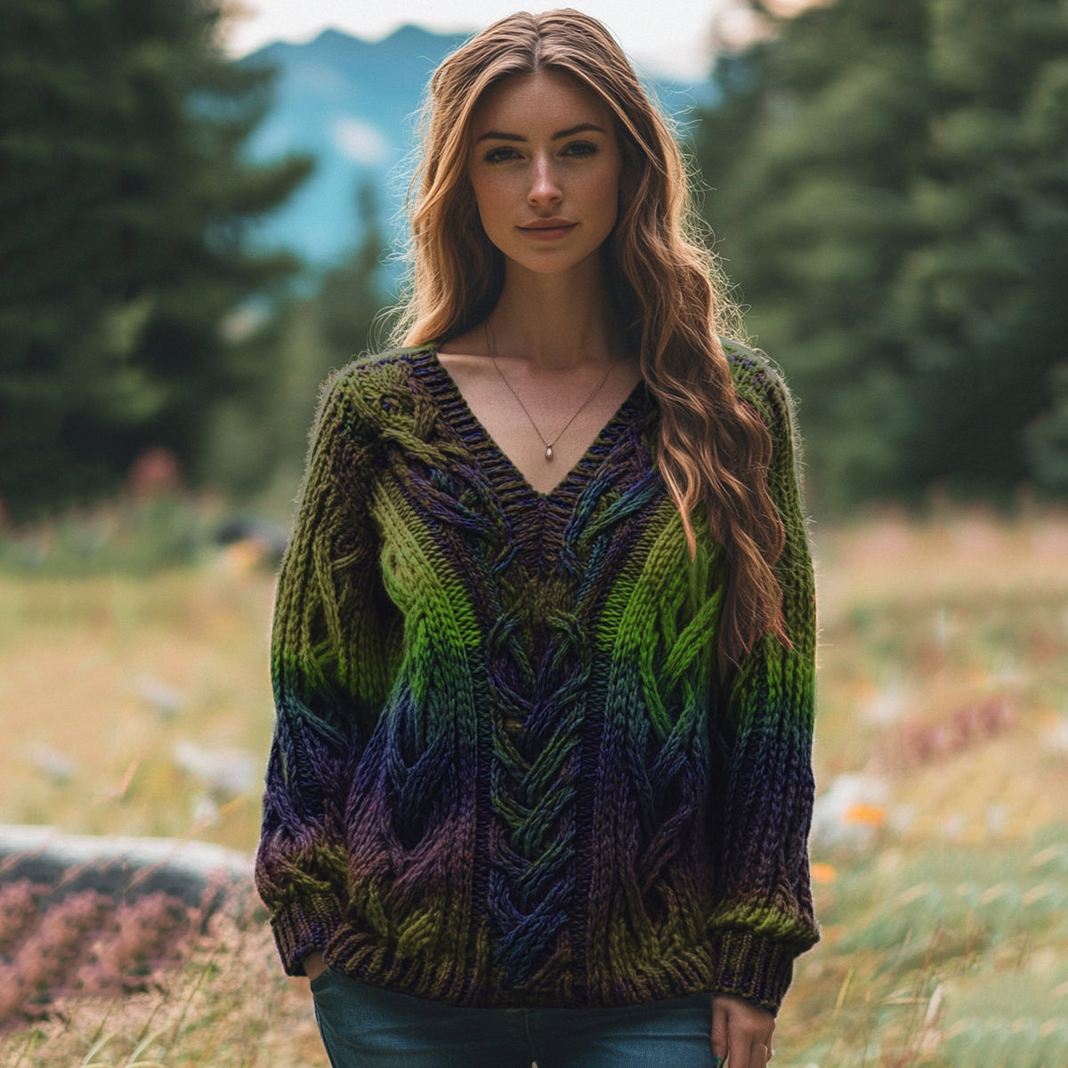 Classic Celtic Chunky Rainbow Color V Neck Cozy Sweater elevenforest
