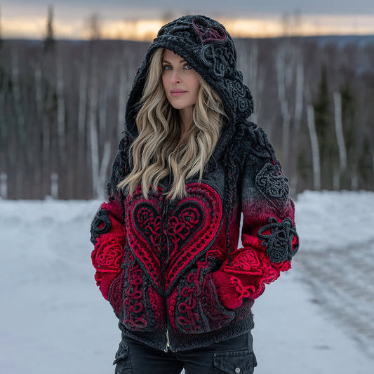 Women's Vintage Heart Art Cozy Knit Zip Up Hooded Sweater elevenforest