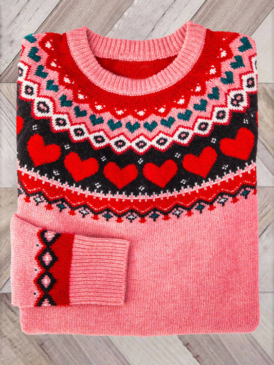 Valentine's Day Hearts Cozy Fair Isle Knit Sweater elevenforest