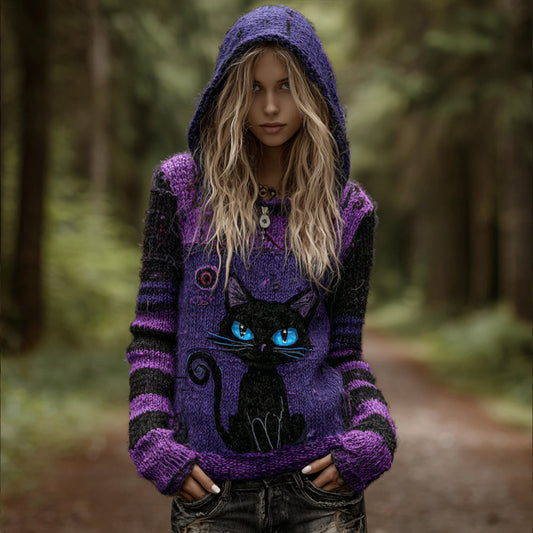 Comstylish Women's Halloween Little Black Cat Pattern Dirty Color Vintage Hooded Sweater