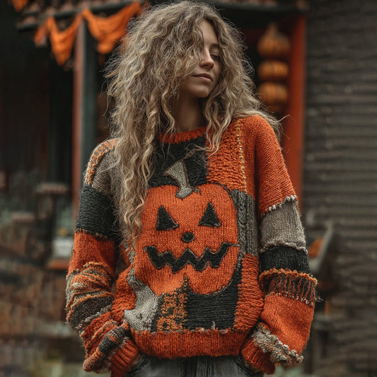 Vintage Halloween Pumpkin Face Patchwork Knitted Crew Neck Cozy Sweater elevenforest