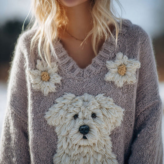 Comstylish Cute Floral Dog Embroidered V Neck Cozy Sweater