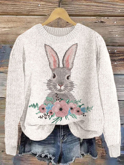 Bunny & Flower Embroidery Art Cozy knit Sweater artswardrobe