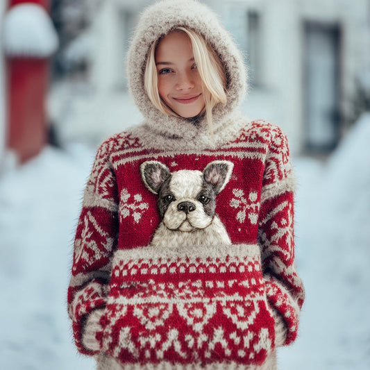 Comstylish Vintage Christmas Boston Terrier Dog Hooded Isle Sweater