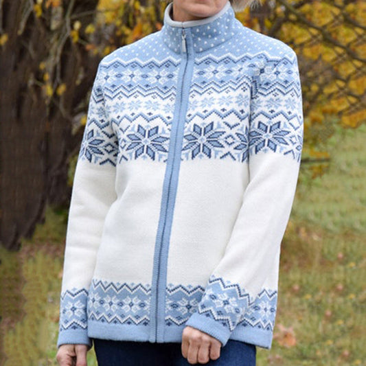Vintage Iceland Snowflake Jacquard Pattern Women's Zip Sweater elevenforest
