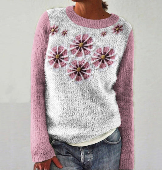 Floral Sakura Petals Art Print Knitted Crew Neck Pullover Cozy Sweater elevenforest