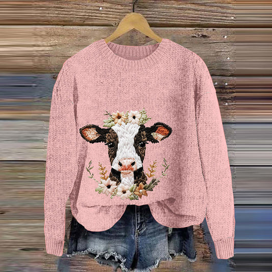 Women's Pink Floral Cow Cozy Sweater artswardrobe