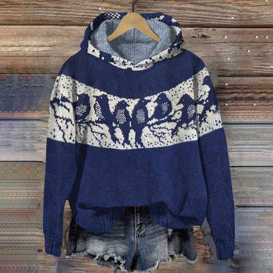 Vintage Bird Jacquard Knit Hooded Sweater elevenforest