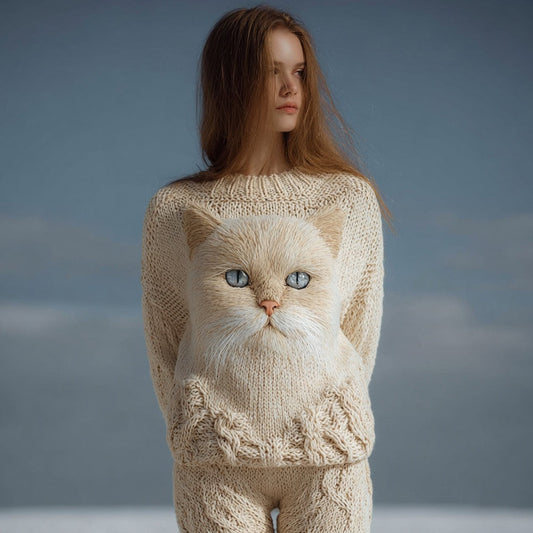 Comstylish Cute Cat Face Embroidered Soft Cozy Knit Sweater