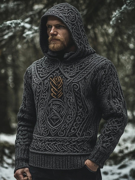 Men's Vintage Viking Inspired Celtic Jacquard Hooded Sweater elevenforest
