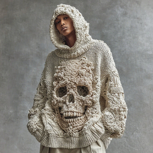 Men's Vintage Skull Pattern Cozy Knit Hooded Sweater elevenforest