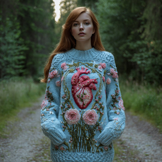 Women's Halloween Heart And Flower Art Embroidered Blue Round Neck Sweater artswardrobe