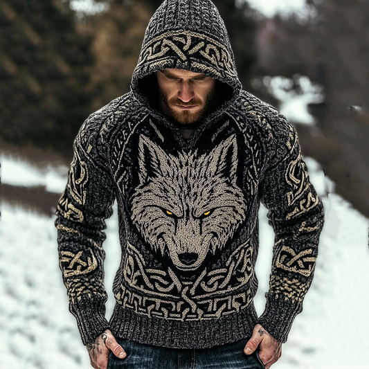 Men's Viking Pattern And Wolf Art Knit Hooded Sweater elevenforest