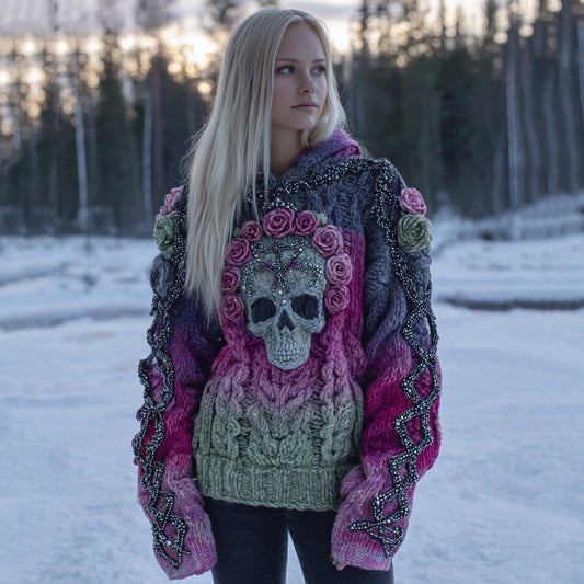 Women's Vintage Skull Flower Gradient Art Cozy Knitted Hooded Sweater elevenforest