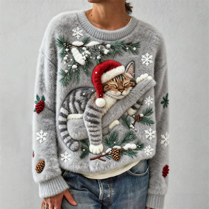 Christmas Lazy Cat Women's Cozy Plush Sweater