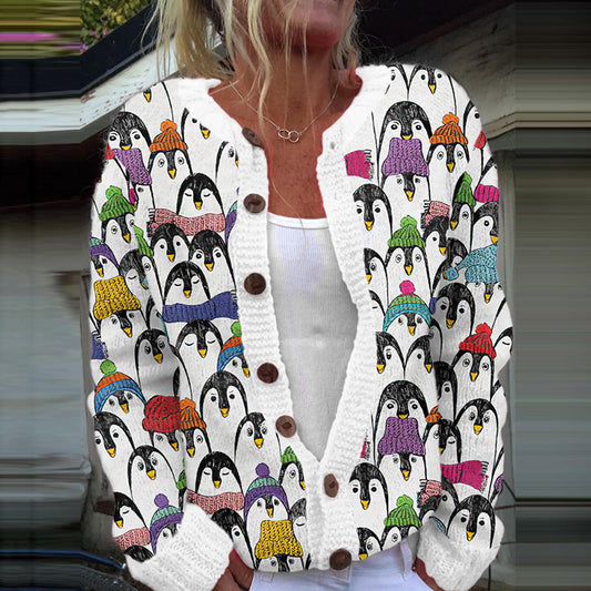 Vintage Iceland Penguin Embroidery Print Women's Knitted Sweater elevenforest