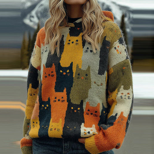 Cute Colorful Cats Pattern Art Cozy Knit Hooded Sweater elevenforest