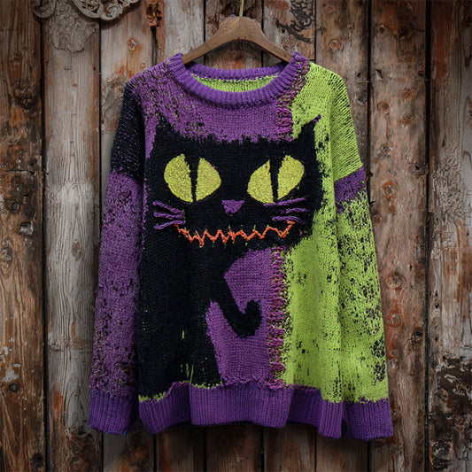 Halloween Cute Black Cat Color Blocking Women's Knitted Sweater elevenforest