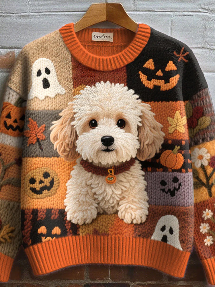 Women's Furry Dog Embroidered Cozy Knit Sweater artswardrobe
