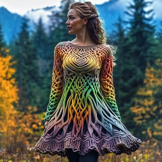 Women's Irish Celtic Knot Color Gradient Jacquard Knitted Sweater Dress elevenforest