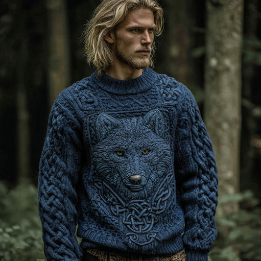 Men's Vintage Viking Wolf Knit Pullover Sweater elevenforest