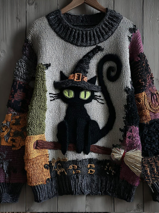 Halloween Witch Cat Multi-colored Atmosphere Vintage Warm Sweater elevenforest