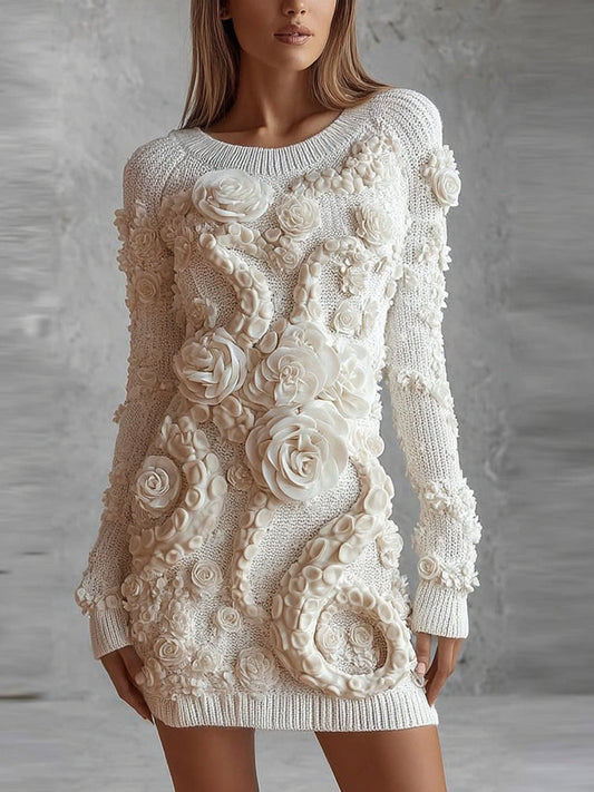 Comstylish Vintage White Roses Tentacles Cozy Knit Sweater Dress