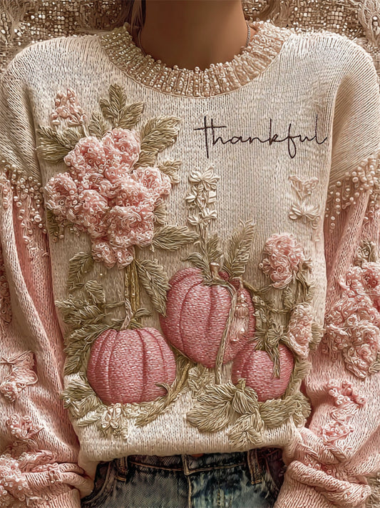 Thankful Embroidered Thanksgiving Pumpkins Floral Beaded Cozy Knit Sweater elevenforest