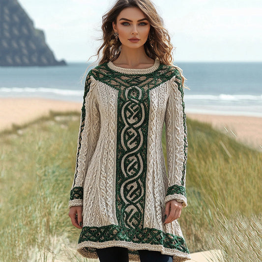 Women's Irish Celtic Knotted Crew Neck Contrast Sweater Dress elevenforest