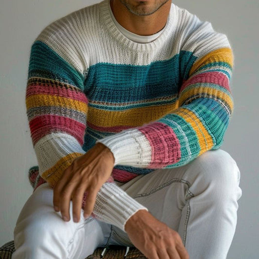 Men'S Retro Multicolor Stripe Art Cozy Knit Sweater artswardrobe