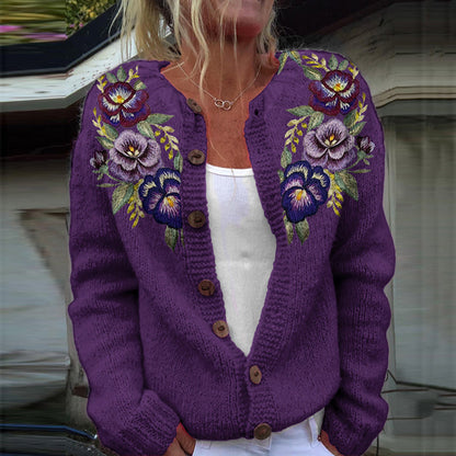 Vintage Embroidery Floral Art Knit Button Sweater elevenforest