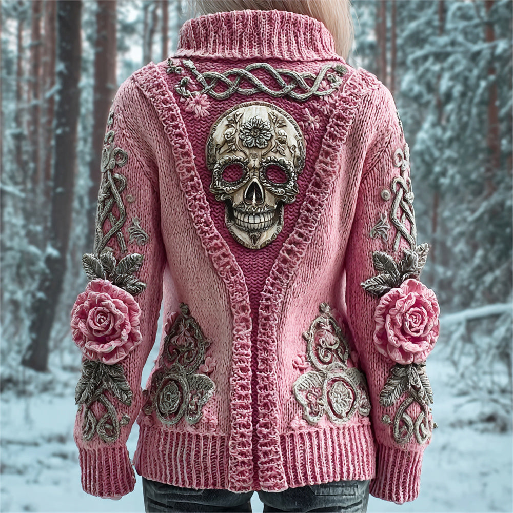 Comstylish Metal Skull & 3d Floral Viking Art Women's Chunky Knit Stand Collar Zipper Sweater
