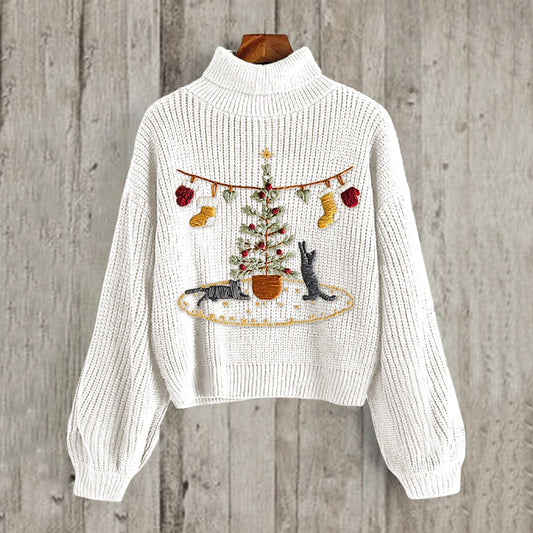 Women's Cat And Christmas Tree Embroidery Art High Collar Cozy Sweater elevenforest