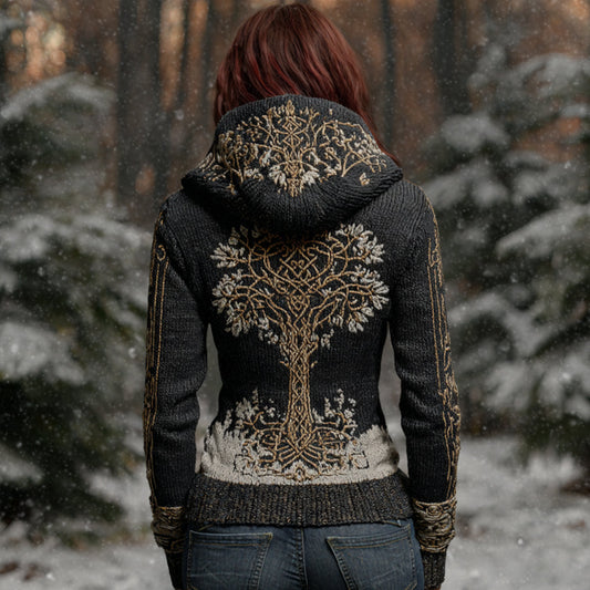 Comstylish Viking Style Life Tree Celtic Knot Stitch Chunky Knit Hoodie Sweater