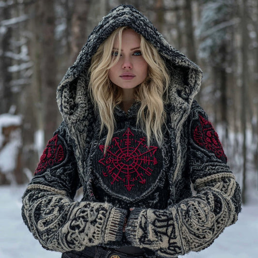 Vegvisir Viking Celtic Runes Knit Jacquard Colorblock Warm Hooded Sweater elevenforest