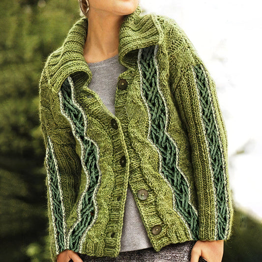 Women's Irish Celtic Thick Needle Knit Jacquard Lapel Button Sweater artswardrobe
