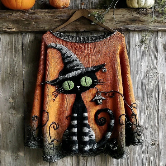 Halloween Black Cat Knitted Crew Neck Sweater elevenforest